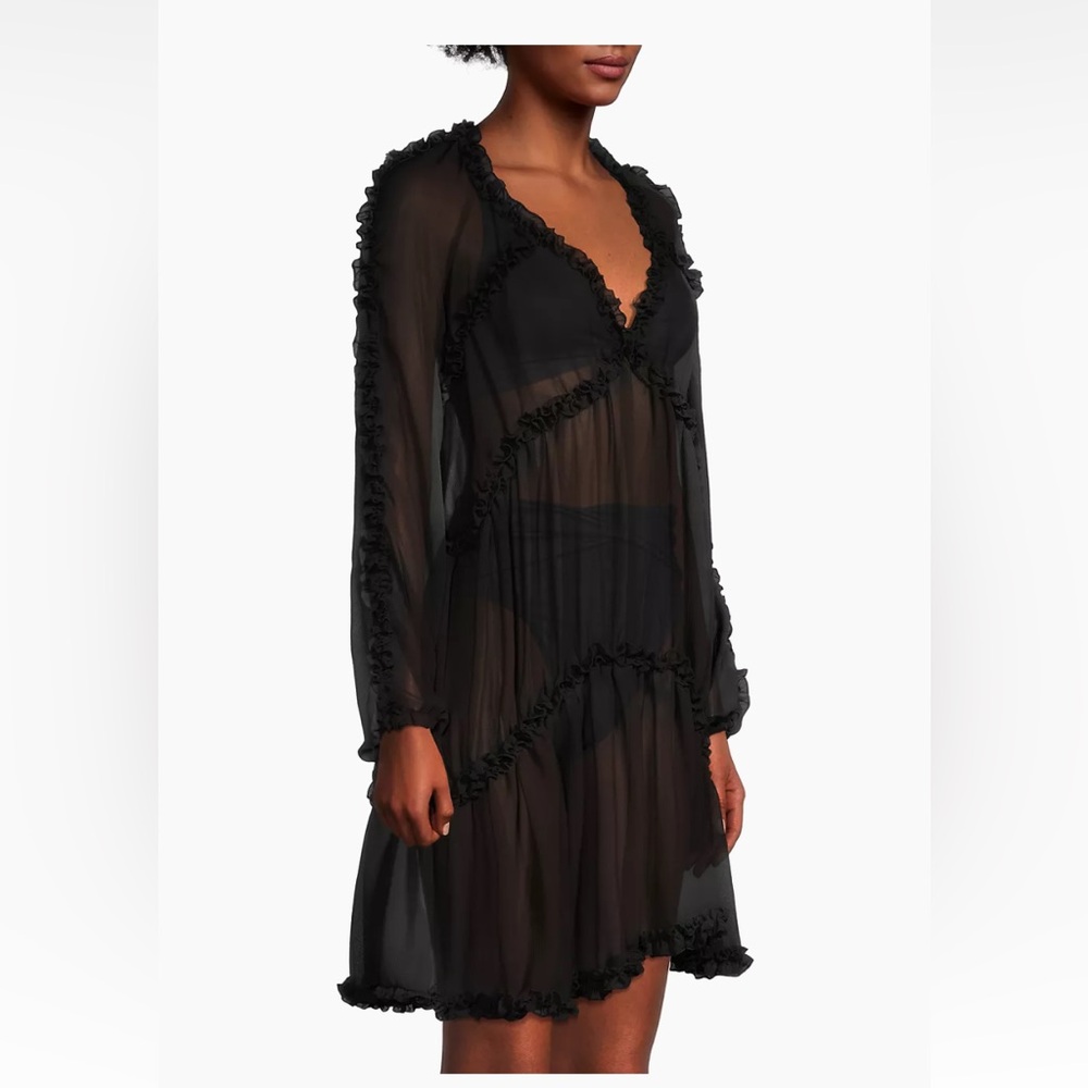 SAKS Aurum Black Tiered Chiffon Mini Dress  2 Ruffle Pullover Resort Cover Up